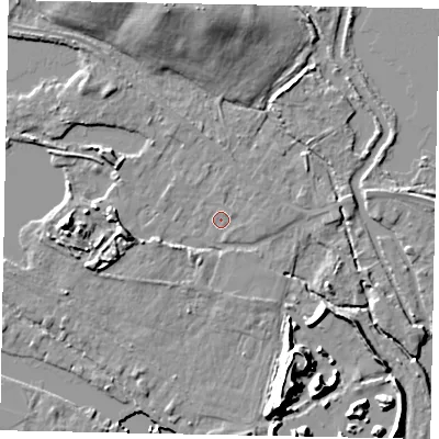 Shaded relief map of the ground around TW195AT, computed from Environment Agency LiDAR. The ground here sits at about 16 m above sea level and falls 15 m across the surrounding 800 m. Surface water reaching this point runs off ground lying to the west, 5.8 m higher.