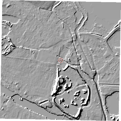 Shaded relief map of the ground around TW195AW, computed from Environment Agency LiDAR. The ground here sits at about 16 m above sea level and falls 16 m across the surrounding 800 m. Surface water reaching this point runs off ground lying to the south, 13.8 m higher.