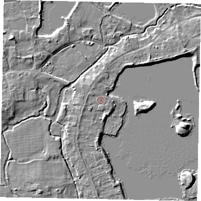 Shaded relief map of the ground around TW195BP, computed from Environment Agency LiDAR. The ground here sits at about 18 m above sea level and falls 5 m across the surrounding 800 m. Surface water reaching this point runs off ground lying to the west-north-west, 0.8 m higher.