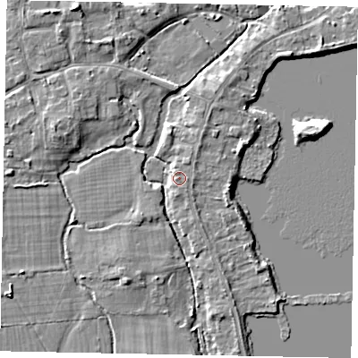 Shaded relief map of the ground around TW195BS, computed from Environment Agency LiDAR. The ground here sits at about 17 m above sea level and falls 5 m across the surrounding 800 m. Surface water reaching this point runs off ground lying to the east, 1.3 m higher.