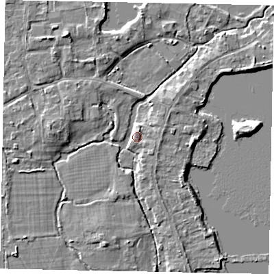 Shaded relief map of the ground around TW195BX, computed from Environment Agency LiDAR. The ground here sits at about 17 m above sea level and falls 5 m across the surrounding 800 m. Surface water reaching this point runs off ground lying to the north-west, 4.3 m higher.