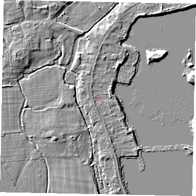 Shaded relief map of the ground around TW195BY, computed from Environment Agency LiDAR. The ground here sits at about 17 m above sea level and falls 5 m across the surrounding 800 m. Surface water reaching this point runs off ground lying to the east-north-east, 1.6 m higher.