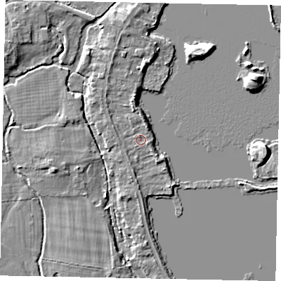 Shaded relief map of the ground around TW195BZ, computed from Environment Agency LiDAR. The ground here sits at about 17 m above sea level and falls 6 m across the surrounding 800 m. Surface water reaching this point runs off ground lying to the north-north-west, 1.6 m higher.