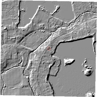 Shaded relief map of the ground around TW195DA, computed from Environment Agency LiDAR. The ground here sits at about 18 m above sea level and falls 5 m across the surrounding 800 m. Surface water reaching this point runs off ground lying to the south-west, 0.8 m higher.