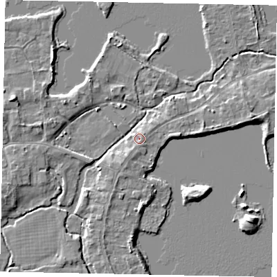 Shaded relief map of the ground around TW195DB, computed from Environment Agency LiDAR. The ground here sits at about 17 m above sea level and falls 5 m across the surrounding 800 m. Surface water reaching this point runs off ground lying to the east-south-east, 2.1 m higher.