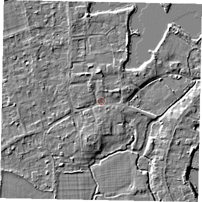 Shaded relief map of the ground around TW195DE, computed from Environment Agency LiDAR. The ground here sits at about 17 m above sea level and falls 5 m across the surrounding 800 m. Surface water reaching this point runs off ground lying to the north, 3.2 m higher.
