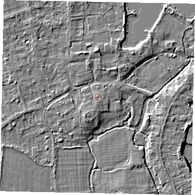 Shaded relief map of the ground around TW195DG, computed from Environment Agency LiDAR. The ground here sits at about 18 m above sea level and falls 5 m across the surrounding 800 m. Surface water reaching this point runs off ground lying to the south-south-west, 1.6 m higher.
