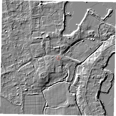Shaded relief map of the ground around TW195DH, computed from Environment Agency LiDAR. The ground here sits at about 17 m above sea level and falls 5 m across the surrounding 800 m. Surface water reaching this point runs off ground lying to the north-north-west, 3.3 m higher.