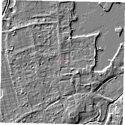Shaded relief map of the ground around TW195DJ, computed from Environment Agency LiDAR. The ground here sits at about 17 m above sea level and falls 5 m across the surrounding 800 m. Surface water reaching this point runs off ground lying to the east-north-east, 3.0 m higher.