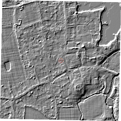 Shaded relief map of the ground around TW195DL, computed from Environment Agency LiDAR. The ground here sits at about 17 m above sea level and falls 5 m across the surrounding 800 m. Surface water reaching this point runs off ground lying to the north-north-west, 1.7 m higher.