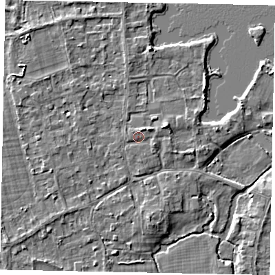 Shaded relief map of the ground around TW195DN, computed from Environment Agency LiDAR. The ground here sits at about 18 m above sea level and falls 5 m across the surrounding 800 m. Surface water reaching this point runs off ground lying to the east-north-east, 1.9 m higher.