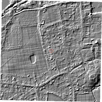 Shaded relief map of the ground around TW195DP, computed from Environment Agency LiDAR. The ground here sits at about 17 m above sea level and falls 4 m across the surrounding 800 m. Surface water reaching this point runs off ground lying to the east, 0.8 m higher.