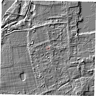 Shaded relief map of the ground around TW195DR, computed from Environment Agency LiDAR. The ground here sits at about 17 m above sea level and falls 4 m across the surrounding 800 m. Surface water reaching this point runs off ground lying to the north-north-east, 1.1 m higher.