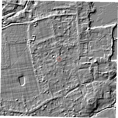 Shaded relief map of the ground around TW195DS, computed from Environment Agency LiDAR. The ground here sits at about 17 m above sea level and falls 5 m across the surrounding 800 m. Surface water reaching this point runs off ground lying to the north-north-west, 0.7 m higher.