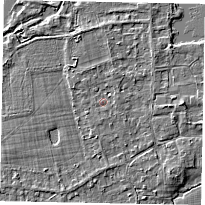 Shaded relief map of the ground around TW195DT, computed from Environment Agency LiDAR. The ground here sits at about 17 m above sea level and falls 4 m across the surrounding 800 m. Surface water reaching this point runs off ground lying to the north-east, 1.6 m higher.