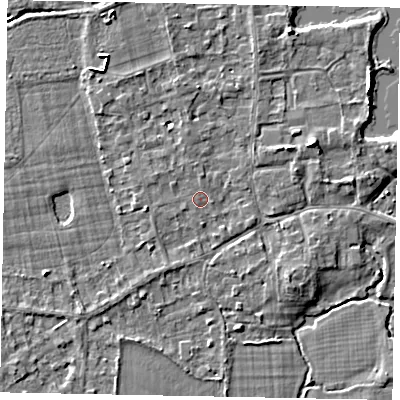Shaded relief map of the ground around TW195DU, computed from Environment Agency LiDAR. The ground here sits at about 17 m above sea level and falls 5 m across the surrounding 800 m. Surface water reaching this point runs off ground lying to the north-north-east, 0.5 m higher.