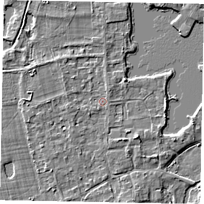 Shaded relief map of the ground around TW195DW, computed from Environment Agency LiDAR. The ground here sits at about 17 m above sea level and falls 5 m across the surrounding 800 m. Surface water reaching this point runs off ground lying to the west-south-west, 2.2 m higher.