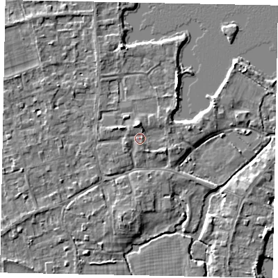 Shaded relief map of the ground around TW195DY, computed from Environment Agency LiDAR. The ground here sits at about 18 m above sea level and falls 5 m across the surrounding 800 m. Surface water reaching this point runs off ground lying to the north-north-east, 1.5 m higher.