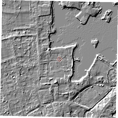 Shaded relief map of the ground around TW195DZ, computed from Environment Agency LiDAR. The ground here sits at about 17 m above sea level and falls 5 m across the surrounding 800 m. Surface water reaching this point runs off ground lying to the east-south-east, 3.0 m higher.