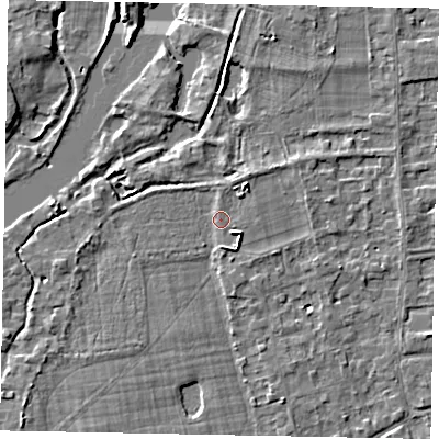 Shaded relief map of the ground around TW195EH, computed from Environment Agency LiDAR. The ground here sits at about 17 m above sea level and falls 4 m across the surrounding 800 m. Surface water reaching this point runs off ground lying to the north-east, 2.2 m higher.