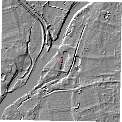 Shaded relief map of the ground around TW195EN, computed from Environment Agency LiDAR. The ground here sits at about 17 m above sea level and falls 5 m across the surrounding 800 m. Surface water reaching this point runs off ground lying to the north-east, 1.6 m higher.