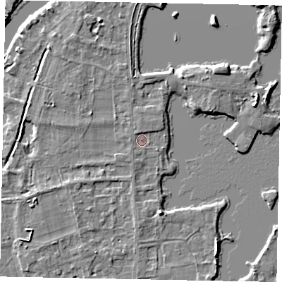 Shaded relief map of the ground around TW195EP, computed from Environment Agency LiDAR. The ground here sits at about 17 m above sea level and falls 5 m across the surrounding 800 m. Surface water reaching this point runs off ground lying to the north-north-west, 1.0 m higher.