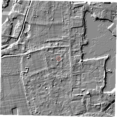 Shaded relief map of the ground around TW195EQ, computed from Environment Agency LiDAR. The ground here sits at about 17 m above sea level and falls 5 m across the surrounding 800 m. Surface water reaching this point runs off ground lying to the south, 2.2 m higher.