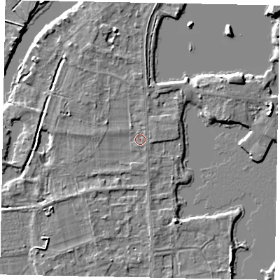 Shaded relief map of the ground around TW195ER, computed from Environment Agency LiDAR. The ground here sits at about 17 m above sea level and falls 6 m across the surrounding 800 m. Surface water reaching this point runs off ground lying to the north-west, 1.2 m higher.