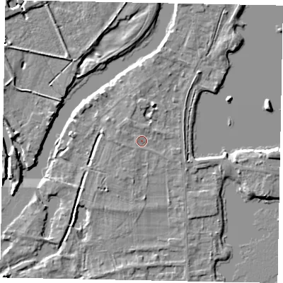 Shaded relief map of the ground around TW195ES, computed from Environment Agency LiDAR. The ground here sits at about 17 m above sea level and falls 6 m across the surrounding 800 m. Surface water reaching this point runs off ground lying to the north-north-west, 1.3 m higher.