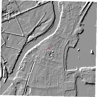 Shaded relief map of the ground around TW195EU, computed from Environment Agency LiDAR. The ground here sits at about 18 m above sea level and falls 6 m across the surrounding 800 m. Surface water reaching this point runs off ground lying to the south-south-east, 1.2 m higher.