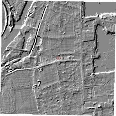 Shaded relief map of the ground around TW195EW, computed from Environment Agency LiDAR. The ground here sits at about 17 m above sea level and falls 5 m across the surrounding 800 m. Surface water reaching this point runs off ground lying to the north, 1.4 m higher.