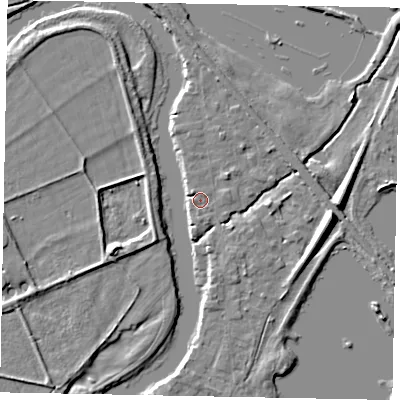 Shaded relief map of the ground around TW195EY, computed from Environment Agency LiDAR. The ground here sits at about 17 m above sea level and falls 8 m across the surrounding 800 m. Surface water reaching this point runs off ground lying to the north, 1.5 m higher.