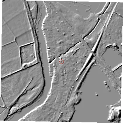 Shaded relief map of the ground around TW195HA, computed from Environment Agency LiDAR. The ground here sits at about 18 m above sea level and falls 8 m across the surrounding 800 m. Surface water reaching this point runs off ground lying to the south, 0.8 m higher.