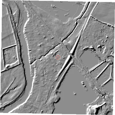 Shaded relief map of the ground around TW195HD, computed from Environment Agency LiDAR. The ground here sits at about 17 m above sea level and falls 8 m across the surrounding 800 m. Surface water reaching this point runs off ground lying to the east, 6.4 m higher.
