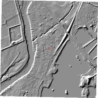 Shaded relief map of the ground around TW195HE, computed from Environment Agency LiDAR. The ground here sits at about 18 m above sea level and falls 8 m across the surrounding 800 m. Surface water reaching this point runs off ground lying to the north-west, 0.6 m higher.