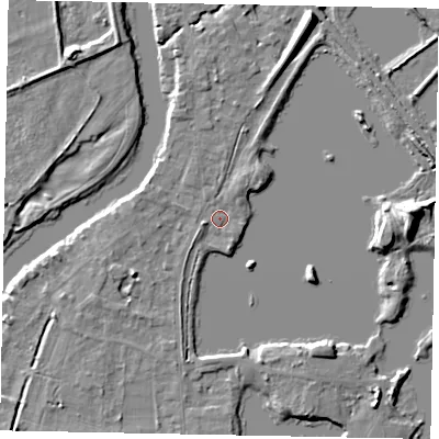 Shaded relief map of the ground around TW195HF, computed from Environment Agency LiDAR. The ground here sits at about 17 m above sea level and falls 8 m across the surrounding 800 m. Surface water reaching this point runs off ground lying to the west-south-west, 2.8 m higher.