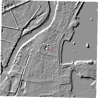 Shaded relief map of the ground around TW195HG, computed from Environment Agency LiDAR. The ground here sits at about 17 m above sea level and falls 5 m across the surrounding 800 m. Surface water reaching this point runs off ground lying to the north-west, 1.9 m higher.
