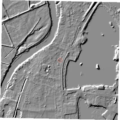 Shaded relief map of the ground around TW195HQ, computed from Environment Agency LiDAR. The ground here sits at about 17 m above sea level and falls 6 m across the surrounding 800 m. Surface water reaching this point runs off ground lying to the west-south-west, 2.8 m higher.