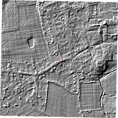 Shaded relief map of the ground around TW195JA, computed from Environment Agency LiDAR. The ground here sits at about 17 m above sea level and falls 4 m across the surrounding 800 m. Surface water reaching this point runs off ground lying to the east, 2.2 m higher.