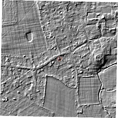 Shaded relief map of the ground around TW195JB, computed from Environment Agency LiDAR. The ground here sits at about 17 m above sea level and falls 4 m across the surrounding 800 m. Surface water reaching this point runs off ground lying to the west-south-west, 0.7 m higher.