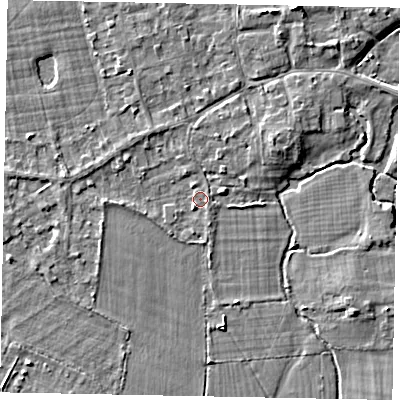 Shaded relief map of the ground around TW195JF, computed from Environment Agency LiDAR. The ground here sits at about 16 m above sea level and falls 4 m across the surrounding 800 m. Surface water reaching this point runs off ground lying to the north-east, 2.3 m higher.