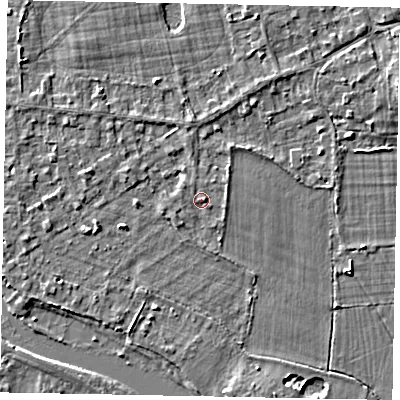 Shaded relief map of the ground around TW195JG, computed from Environment Agency LiDAR. The ground here sits at about 17 m above sea level and falls 4 m across the surrounding 800 m. Surface water reaching this point runs off ground lying to the east-north-east, 0.8 m higher.
