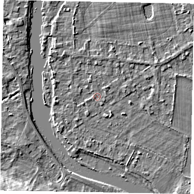 Shaded relief map of the ground around TW195JH, computed from Environment Agency LiDAR. The ground here sits at about 16 m above sea level and falls 11 m across the surrounding 800 m. Surface water reaching this point runs off ground lying to the north-west, 1.5 m higher.