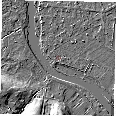 Shaded relief map of the ground around TW195JL, computed from Environment Agency LiDAR. The ground here sits at about 16 m above sea level and falls 18 m across the surrounding 800 m. Surface water reaching this point runs off ground lying to the west-north-west, 1.3 m higher.