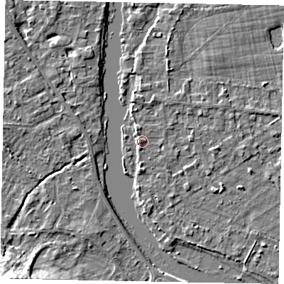 Shaded relief map of the ground around TW195JN, computed from Environment Agency LiDAR. The ground here sits at about 17 m above sea level and falls 14 m across the surrounding 800 m. Surface water reaching this point runs off ground lying to the south, 1.6 m higher.