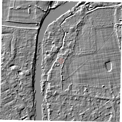 Shaded relief map of the ground around TW195JP, computed from Environment Agency LiDAR. The ground here sits at about 17 m above sea level and falls 4 m across the surrounding 800 m. Surface water reaching this point runs off ground lying to the south, 1.1 m higher.