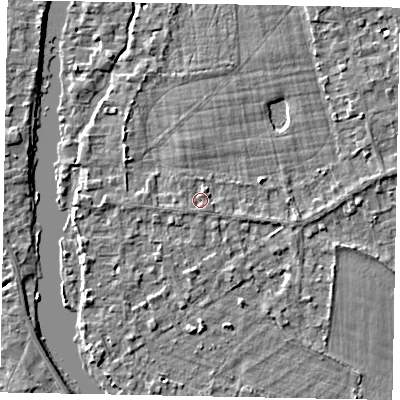 Shaded relief map of the ground around TW195JQ, computed from Environment Agency LiDAR. The ground here sits at about 17 m above sea level and falls 3 m across the surrounding 800 m. Surface water reaching this point runs off ground lying to the north-north-east, 0.9 m higher.