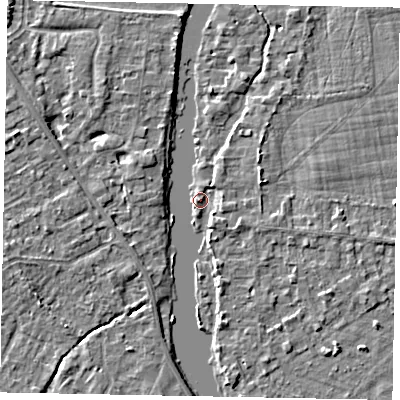 Shaded relief map of the ground around TW195JR, computed from Environment Agency LiDAR. The ground here sits at about 16 m above sea level and falls 4 m across the surrounding 800 m. Surface water reaching this point runs off ground lying to the west-north-west, 3.5 m higher.