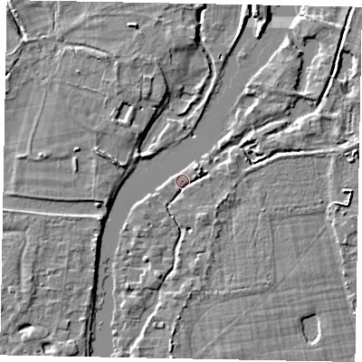 Shaded relief map of the ground around TW195JT, computed from Environment Agency LiDAR. The ground here sits at about 16 m above sea level and falls 5 m across the surrounding 800 m. Surface water reaching this point runs off ground lying to the east-north-east, 1.9 m higher.