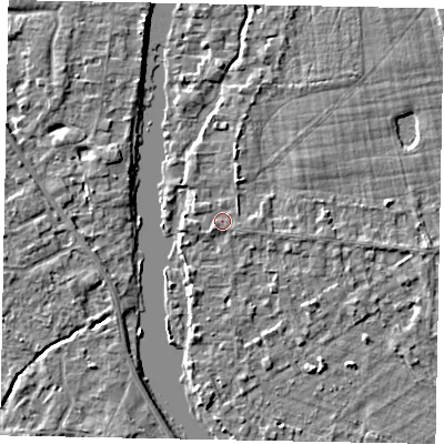 Shaded relief map of the ground around TW195JW, computed from Environment Agency LiDAR. The ground here sits at about 17 m above sea level and falls 3 m across the surrounding 800 m. Surface water reaching this point runs off ground lying to the west, 1.1 m higher.